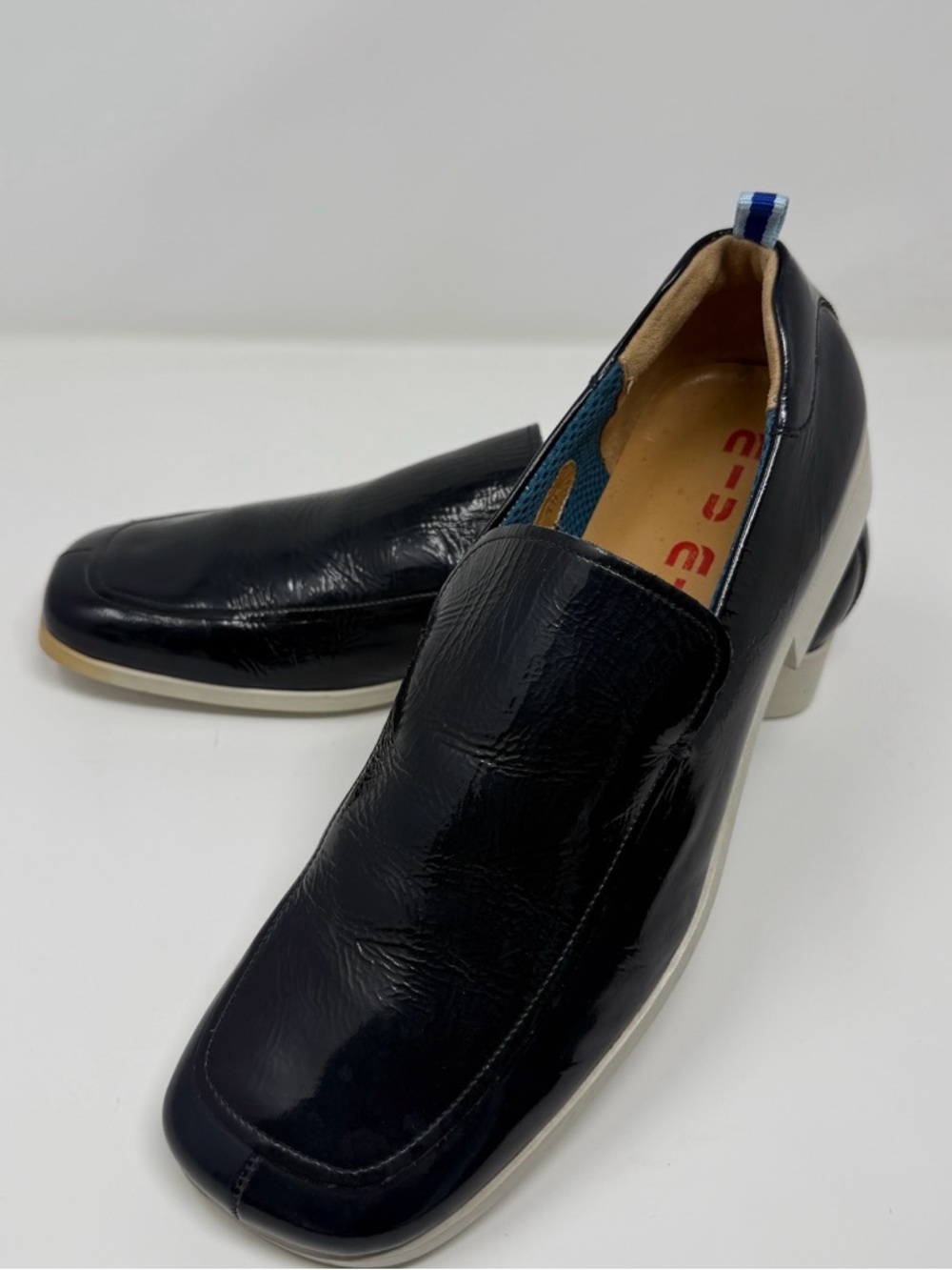 Miu Miu Prada Blue/Black Leather Slip On Shoes Mens size 10 Luxury Design.